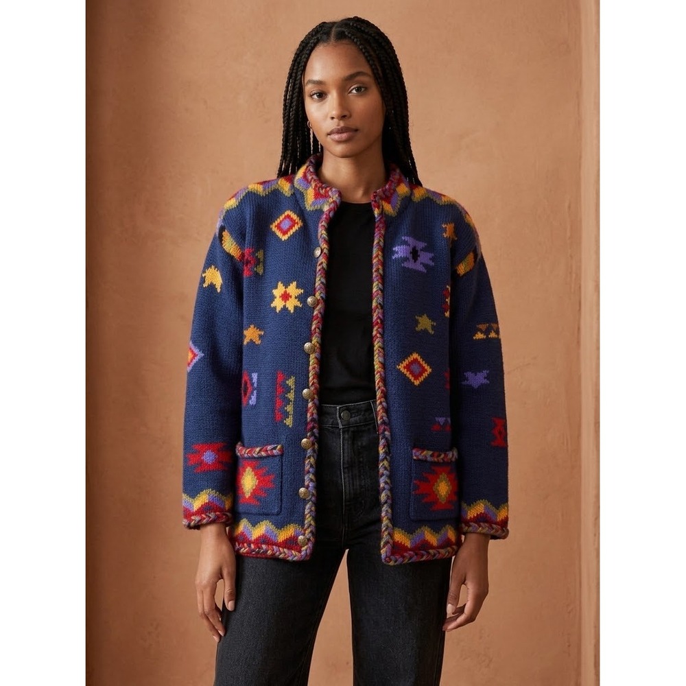 Vintage 90s Coldwater Creek Knit Wool Cardigan Coat L Southwestern Native Boho
